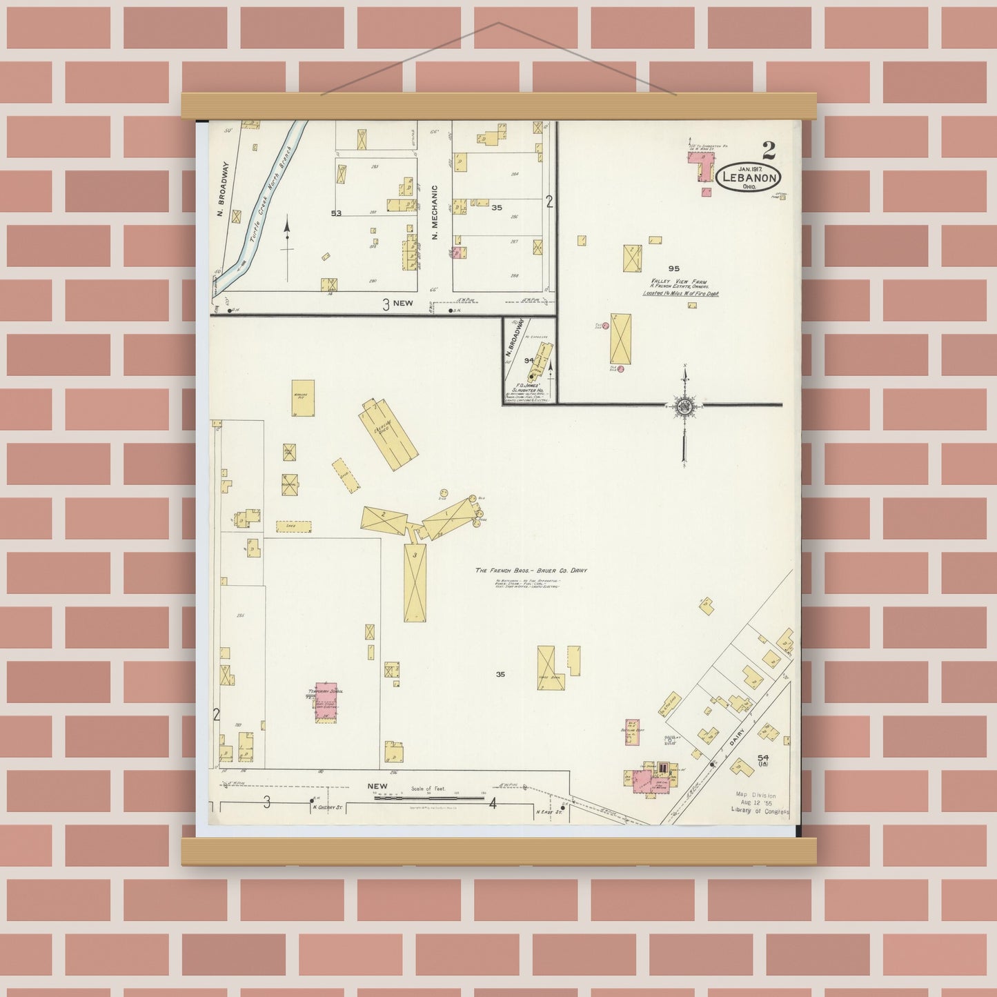 Old map wall art mockup — magnetic wood frame on brick wall — Sanborn Fire Insurance Map from Lebanon, Warren County, Ohio (1917), Sheet #0002
