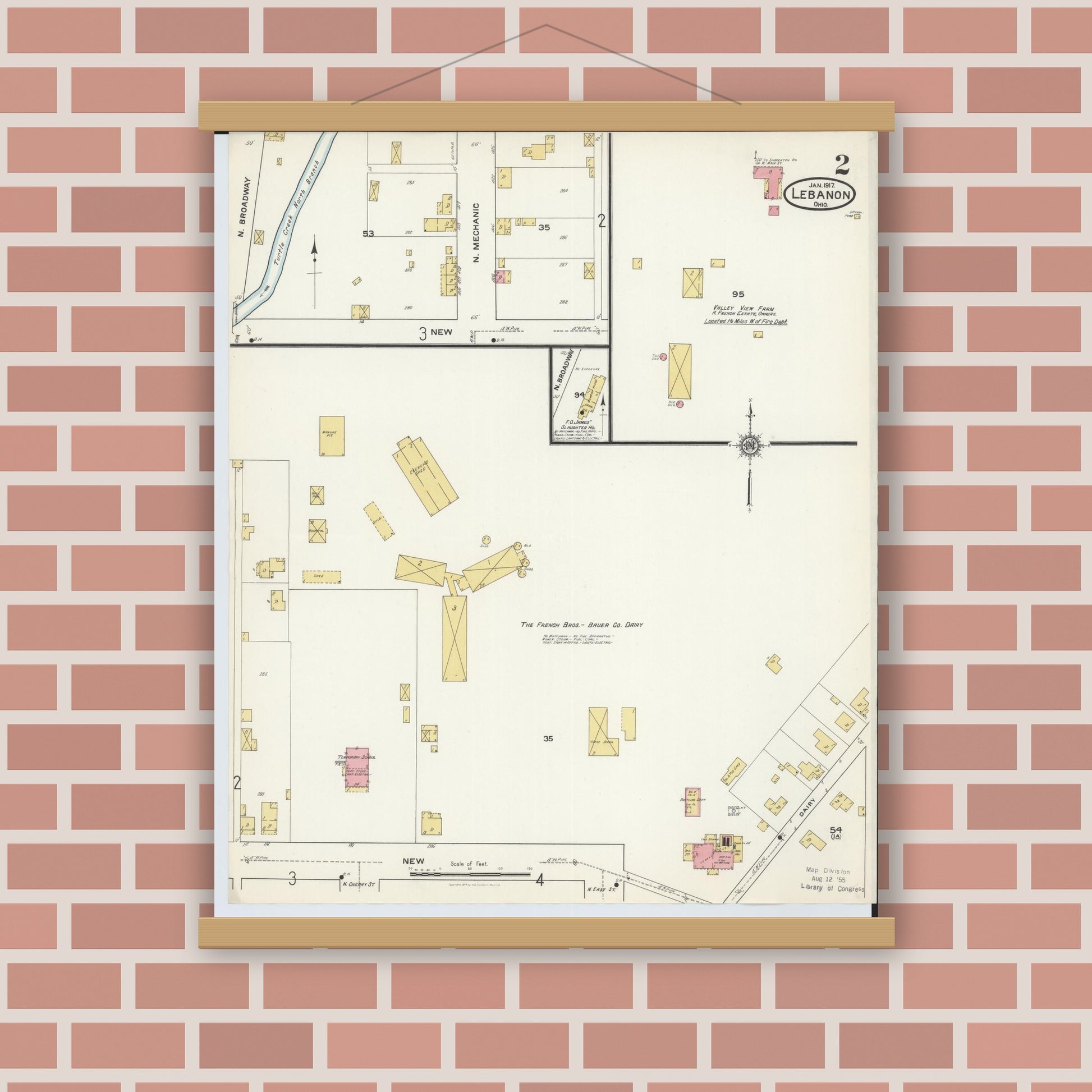 Old map wall art mockup — magnetic wood frame on brick wall — Sanborn Fire Insurance Map from Lebanon, Warren County, Ohio (1917), Sheet #0002