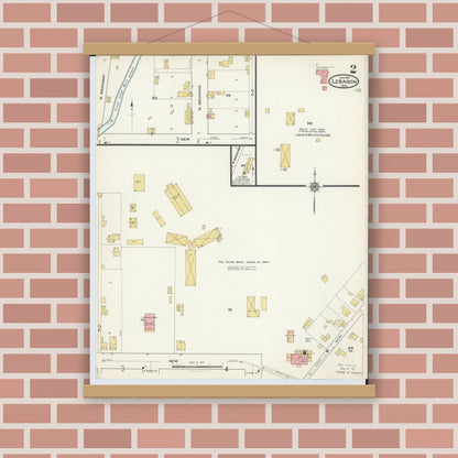 Old map wall art mockup — magnetic wood frame on brick wall — Sanborn Fire Insurance Map from Lebanon, Warren County, Ohio (1917), Sheet #0002