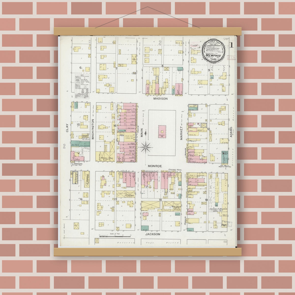 Old map wall art mockup — magnetic wood frame on brick wall — Sanborn Fire Insurance Map from Memphis, Scotland County, Missouri (1893) - Complete Map Set