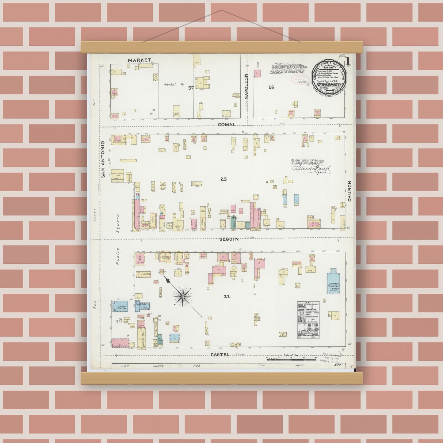 Old map wall art mockup — magnetic wood frame on brick wall — Sanborn Fire Insurance Map from New Braunfels, Comal County, Texas (1891), Sheet #0001