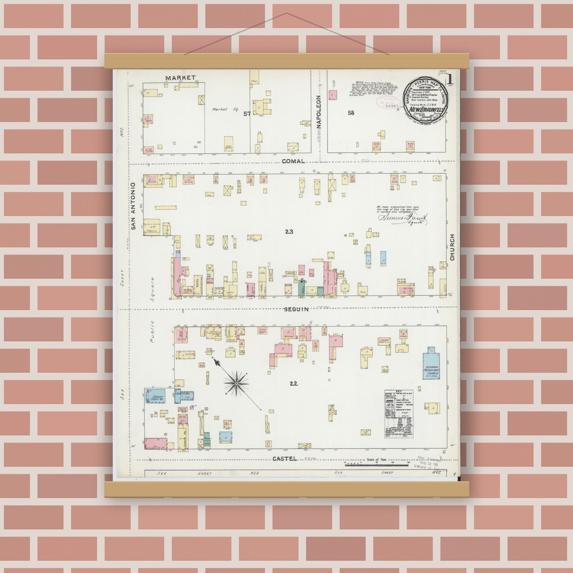 Old map wall art mockup — magnetic wood frame on brick wall — Sanborn Fire Insurance Map from New Braunfels, Comal County, Texas (1891), Sheet #0001