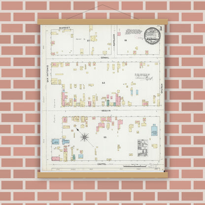 Old map wall art mockup — magnetic wood frame on brick wall — Sanborn Fire Insurance Map from New Braunfels, Comal County, Texas (1891), Sheet #0001