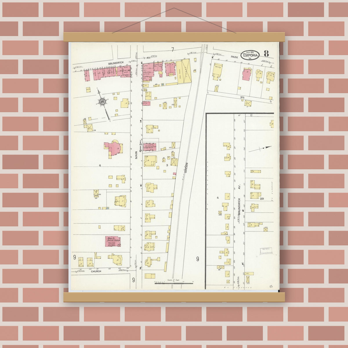 Old map wall art mockup — magnetic wood frame on brick wall — Sanborn Fire Insurance Map from Emporia, Independent Cities, Virginia (1913), Sheet #0008
