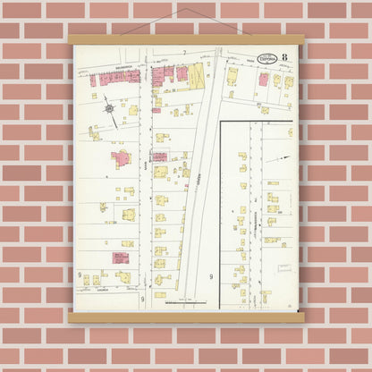 Old map wall art mockup — magnetic wood frame on brick wall — Sanborn Fire Insurance Map from Emporia, Independent Cities, Virginia (1913), Sheet #0008
