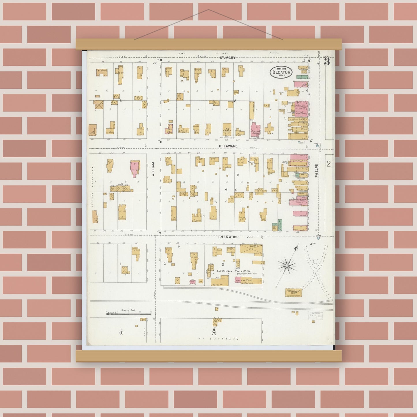 Old map wall art mockup — magnetic wood frame on brick wall — Sanborn Fire Insurance Map from Decatur, Van Buren County, Michigan (1899), Sheet #0003