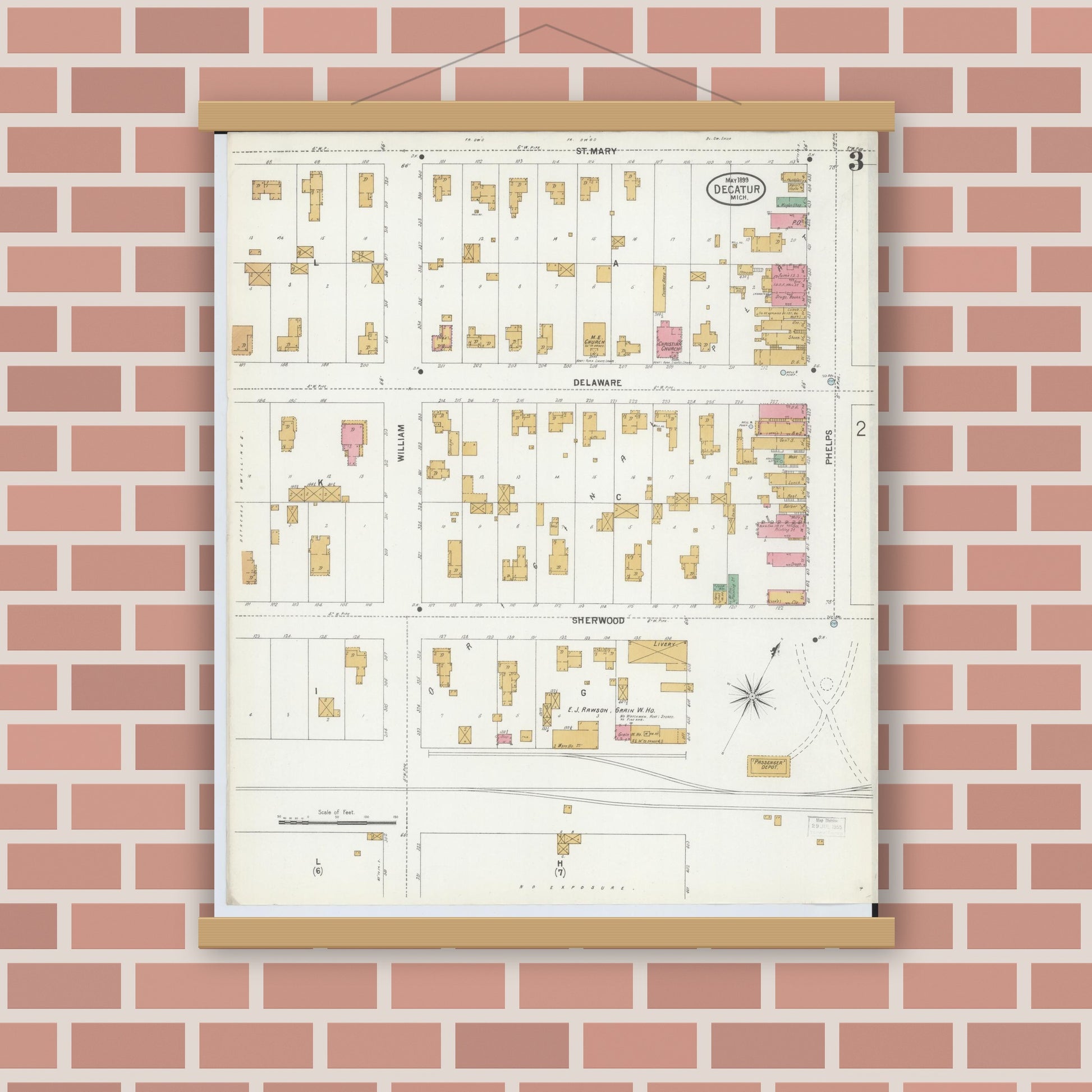Old map wall art mockup — magnetic wood frame on brick wall — Sanborn Fire Insurance Map from Decatur, Van Buren County, Michigan (1899), Sheet #0003