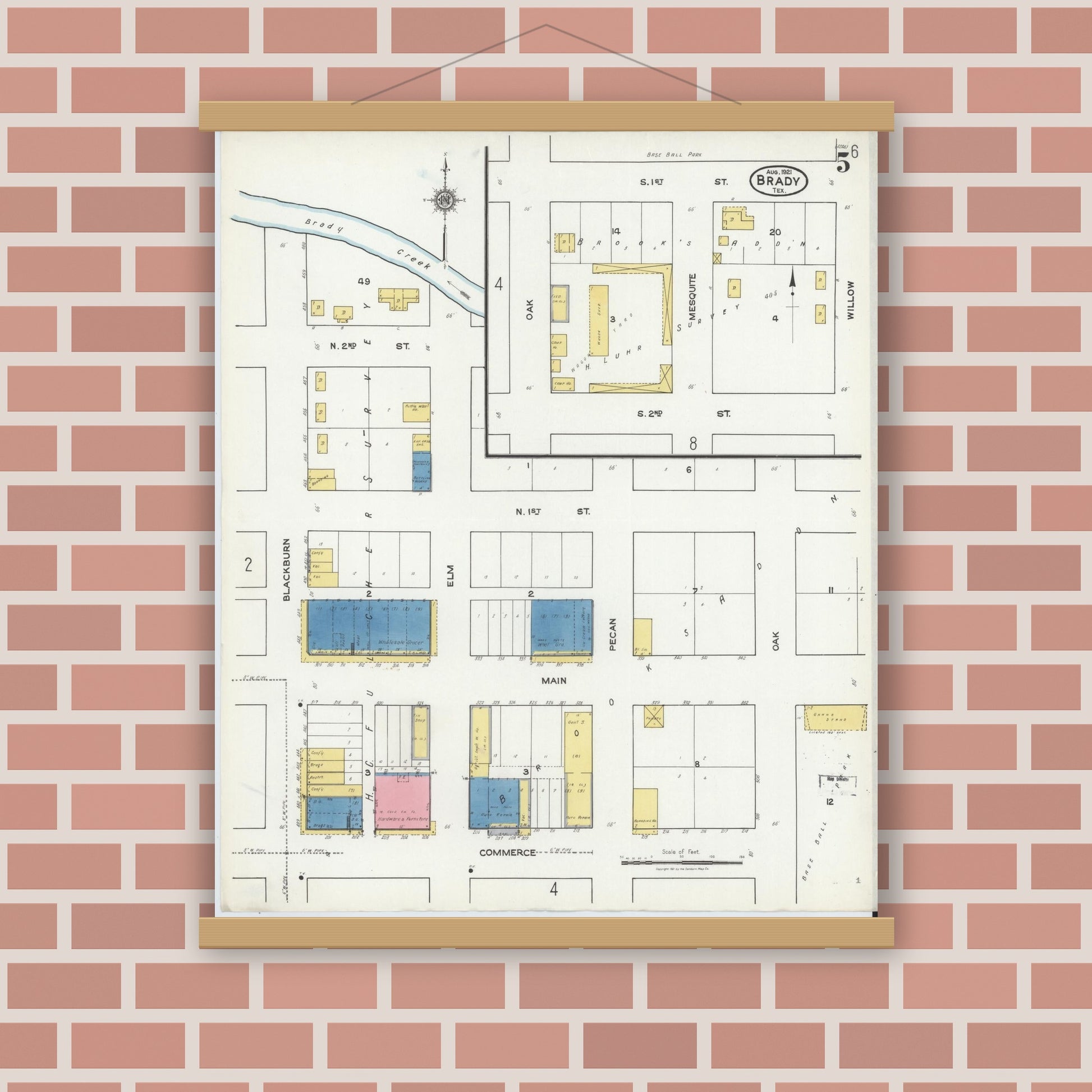 Old map wall art mockup — magnetic wood frame on brick wall — Sanborn Fire Insurance Map from Brady, McCulloch County, Texas (1921), Sheet #0005