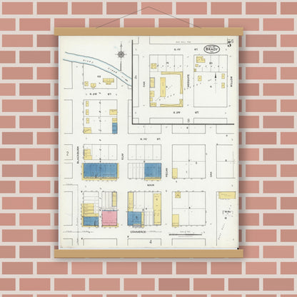Old map wall art mockup — magnetic wood frame on brick wall — Sanborn Fire Insurance Map from Brady, McCulloch County, Texas (1921), Sheet #0005