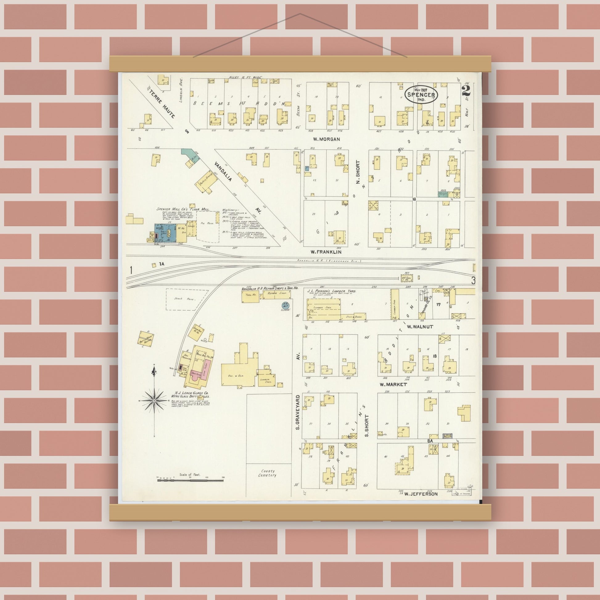 Old map wall art mockup — magnetic wood frame on brick wall — Sanborn Fire Insurance Map from Spencer, Owen County, Indiana (1907), Sheet #0002