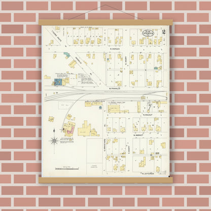 Old map wall art mockup — magnetic wood frame on brick wall — Sanborn Fire Insurance Map from Spencer, Owen County, Indiana (1907), Sheet #0002