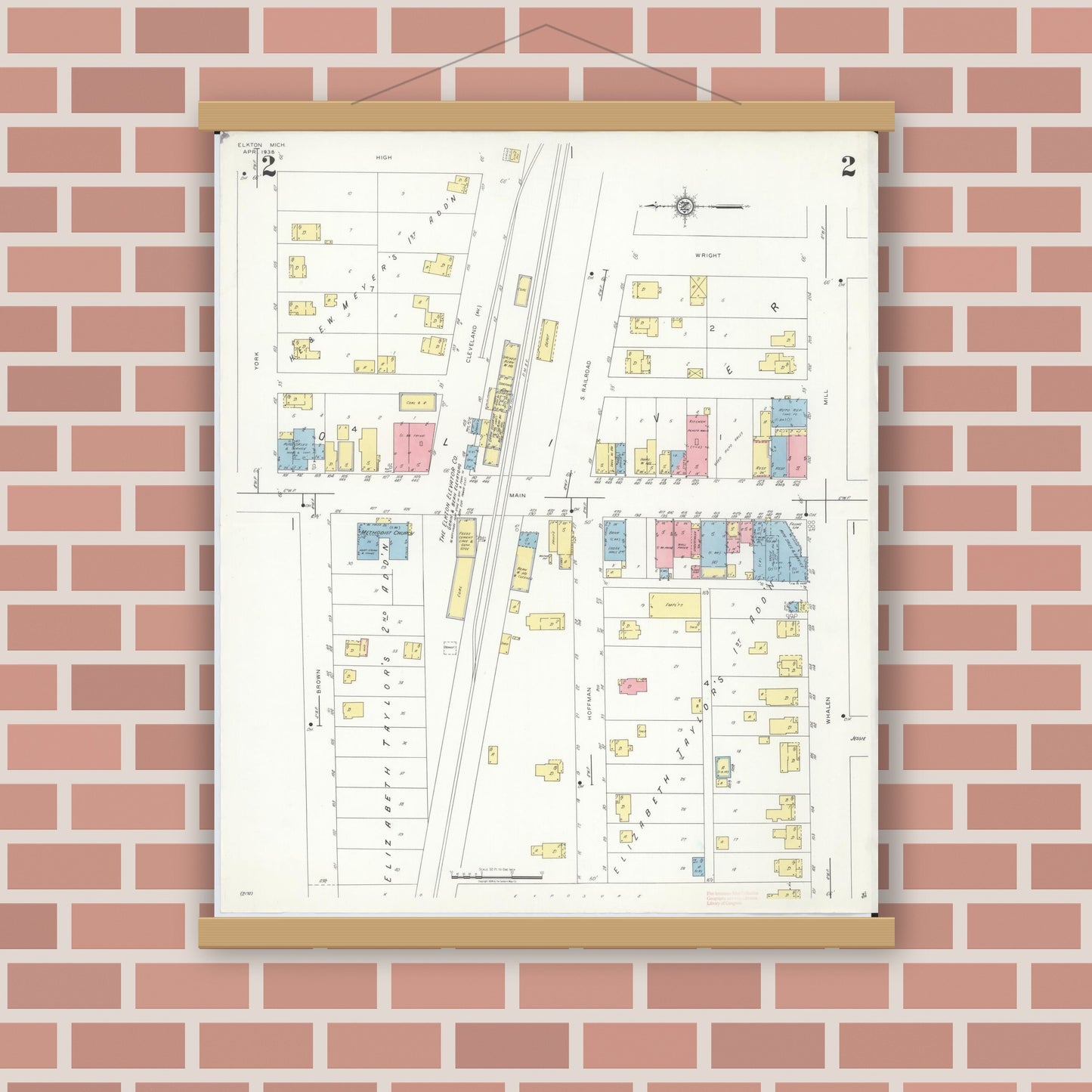 Old map wall art mockup — magnetic wood frame on brick wall — Sanborn Fire Insurance Map from Elkton, Huron County, Michigan (1939), Sheet #0002