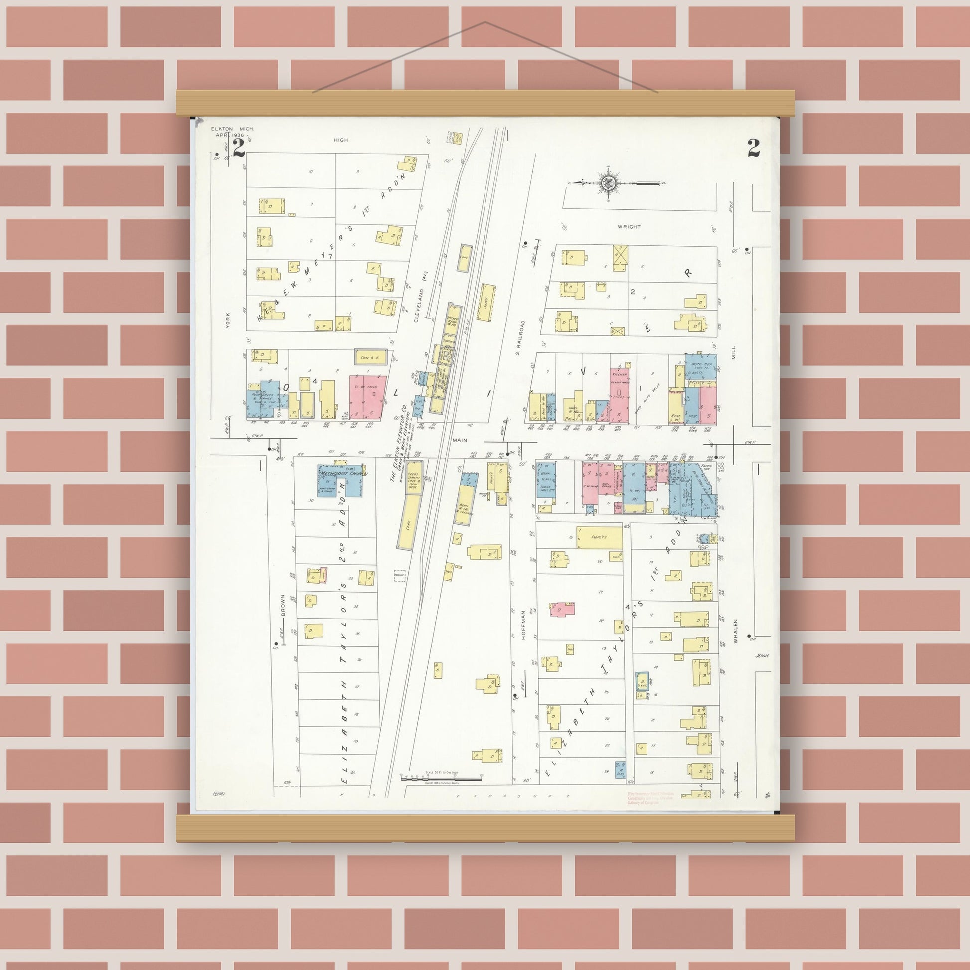 Old map wall art mockup — magnetic wood frame on brick wall — Sanborn Fire Insurance Map from Elkton, Huron County, Michigan (1939), Sheet #0002