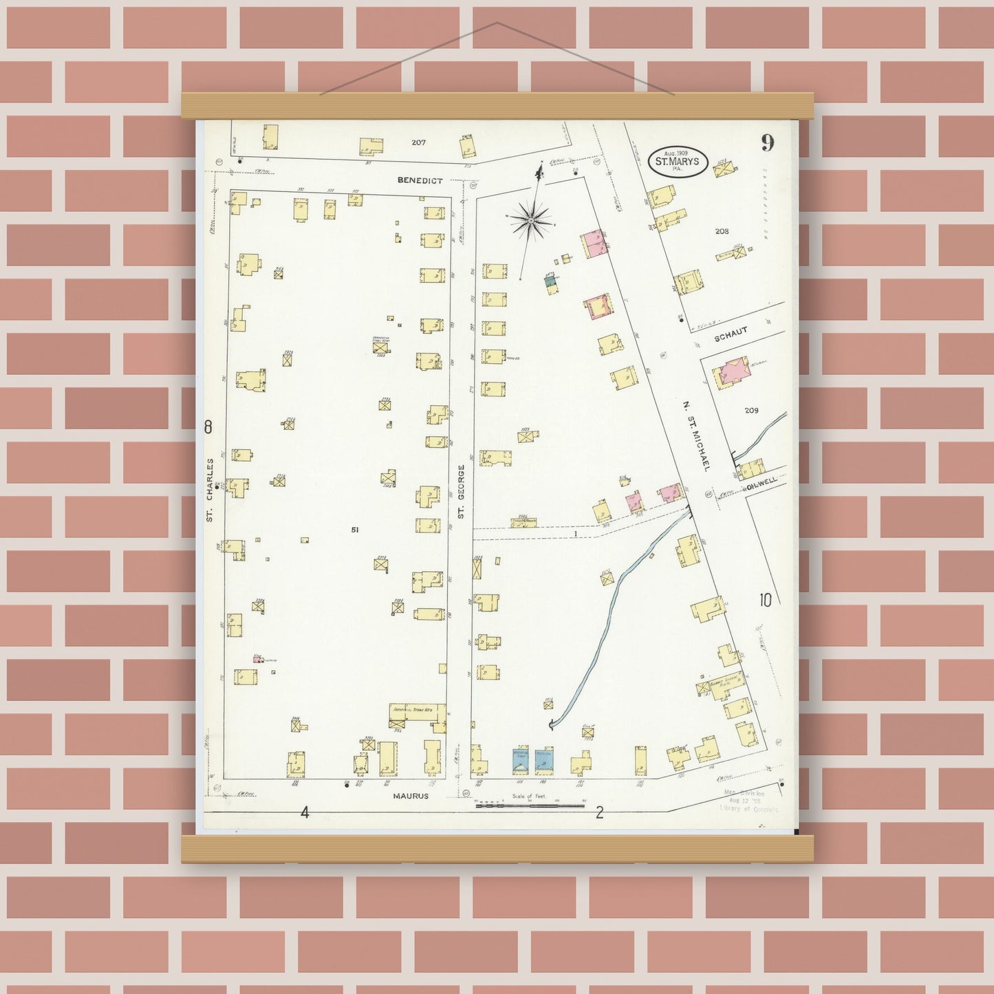 Old map wall art mockup — magnetic wood frame on brick wall — Sanborn Fire Insurance Map from Saint Marys, Elk County, Pennsylvania (1909), Sheet #0009