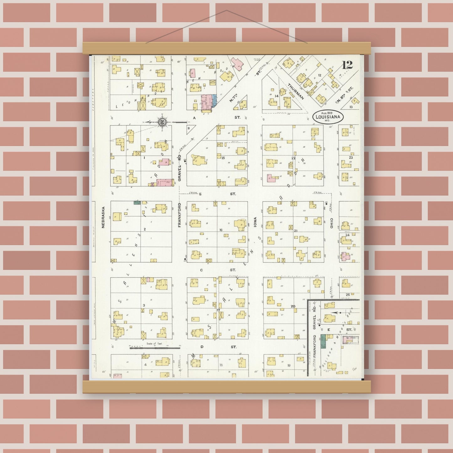 Old map wall art mockup — magnetic wood frame on brick wall — Sanborn Fire Insurance Map from Louisiana, Pike County, Missouri (1909), Sheet #0012