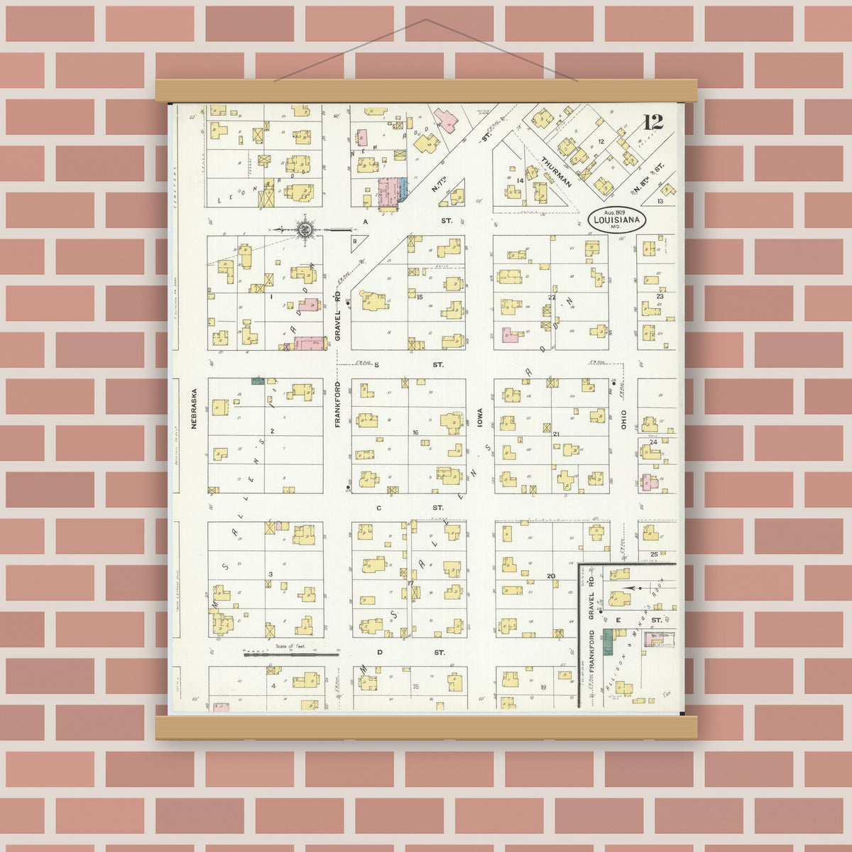 Old map wall art mockup — magnetic wood frame on brick wall — Sanborn Fire Insurance Map from Louisiana, Pike County, Missouri (1909), Sheet #0012