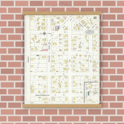 Old map wall art mockup — magnetic wood frame on brick wall — Sanborn Fire Insurance Map from Louisiana, Pike County, Missouri (1909), Sheet #0012