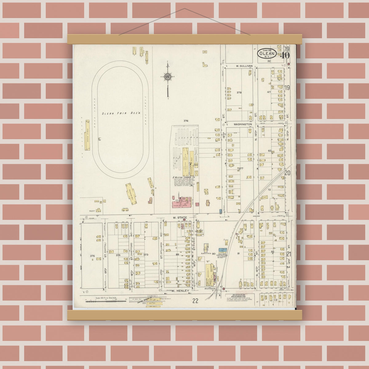 Old map wall art mockup — magnetic wood frame on brick wall — Sanborn Fire Insurance Map from Olean, Cattaraugus County, New York (1915), Sheet #0040
