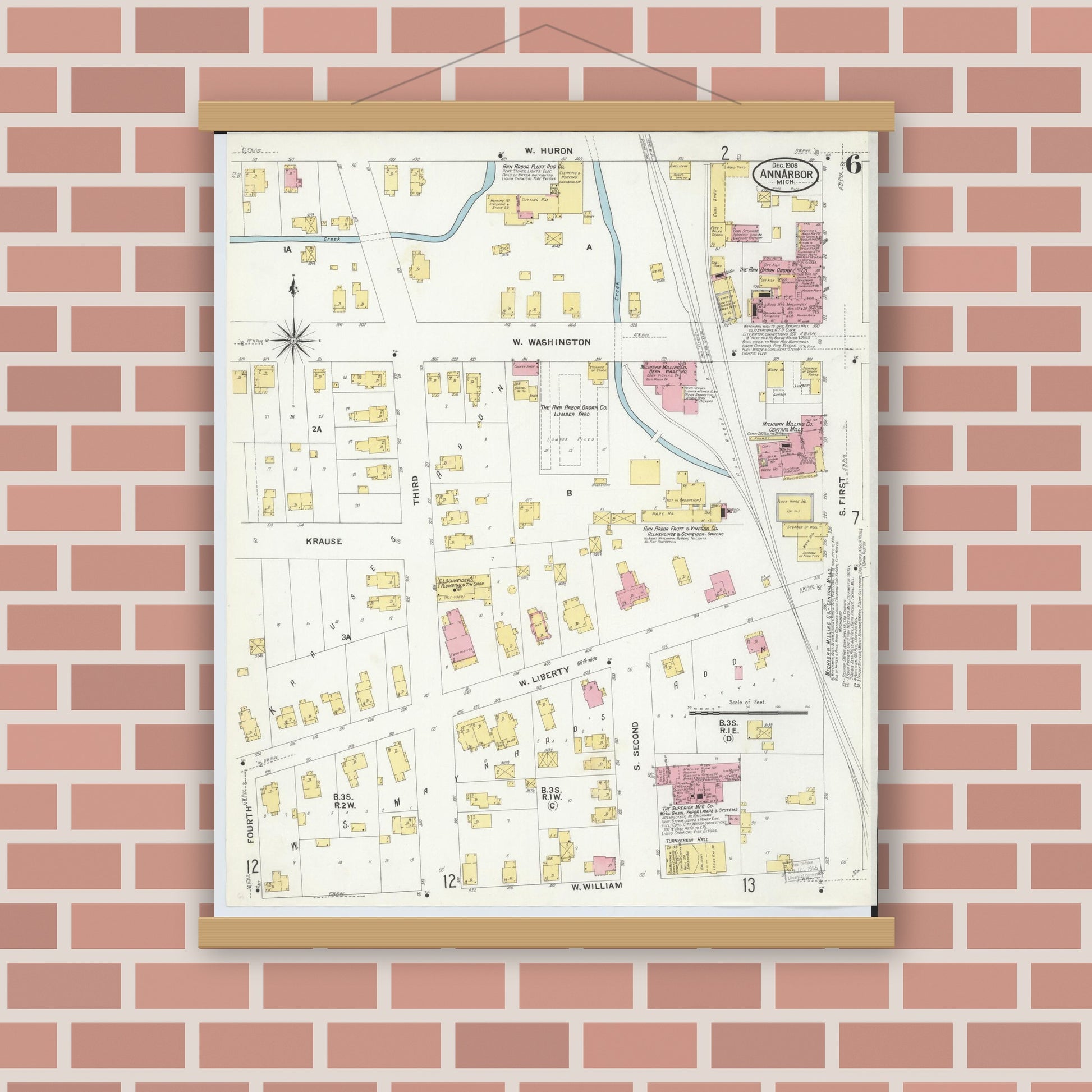 Old map wall art mockup — magnetic wood frame on brick wall — Sanborn Fire Insurance Map from Ann Arbor, Washtenaw County, Michigan (1908), Sheet #0006