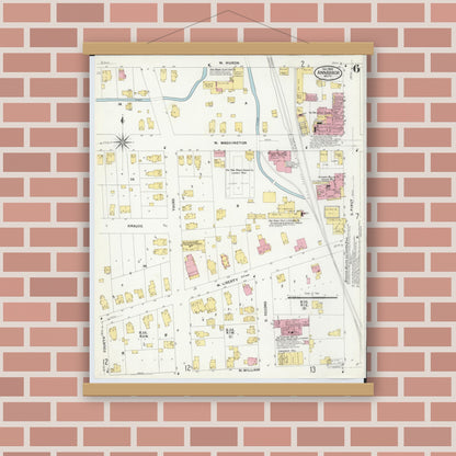 Old map wall art mockup — magnetic wood frame on brick wall — Sanborn Fire Insurance Map from Ann Arbor, Washtenaw County, Michigan (1908), Sheet #0006