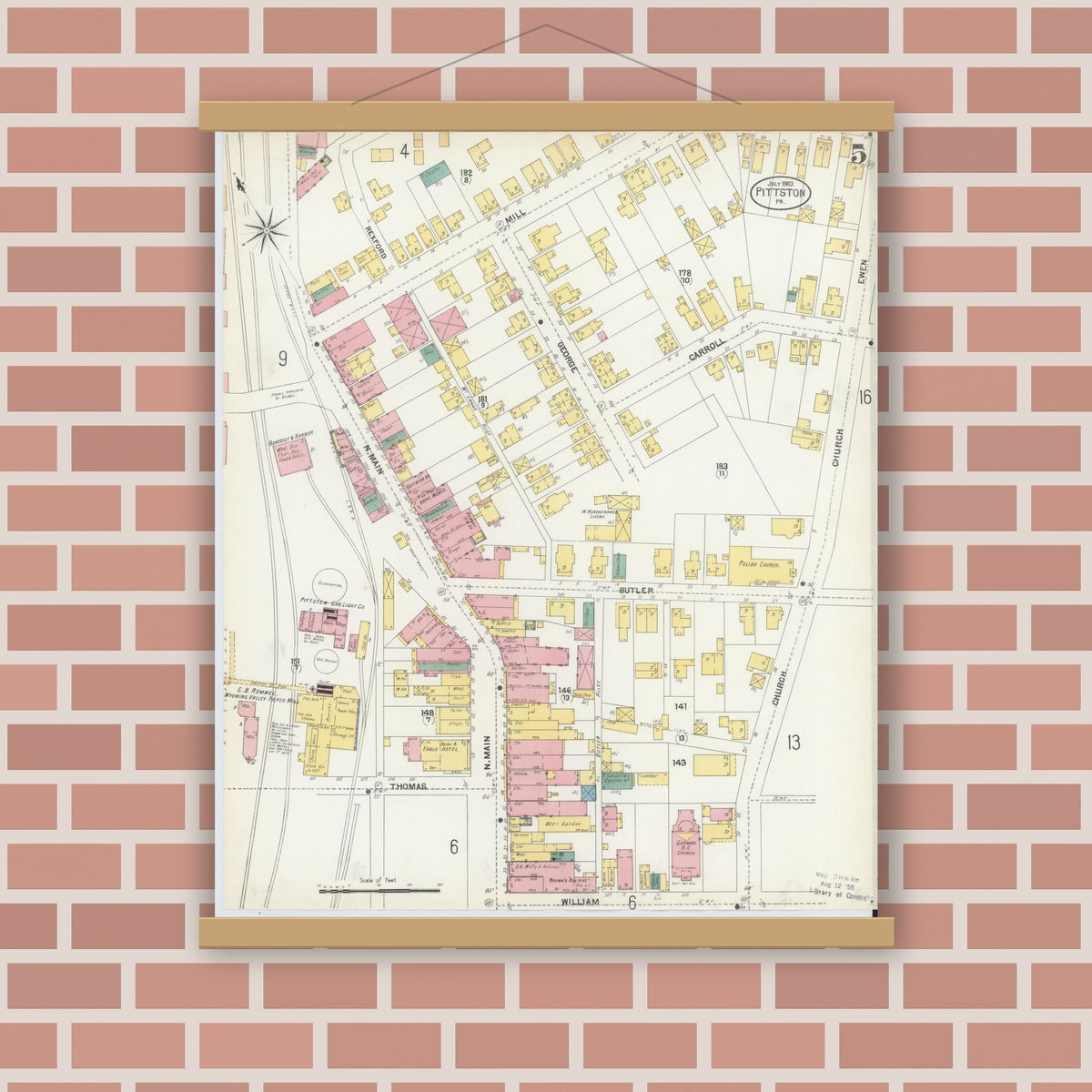Old map wall art mockup — magnetic wood frame on brick wall — Sanborn Fire Insurance Map from Pittston, Luzerne County, Pennsylvania (1903), Sheet #0005