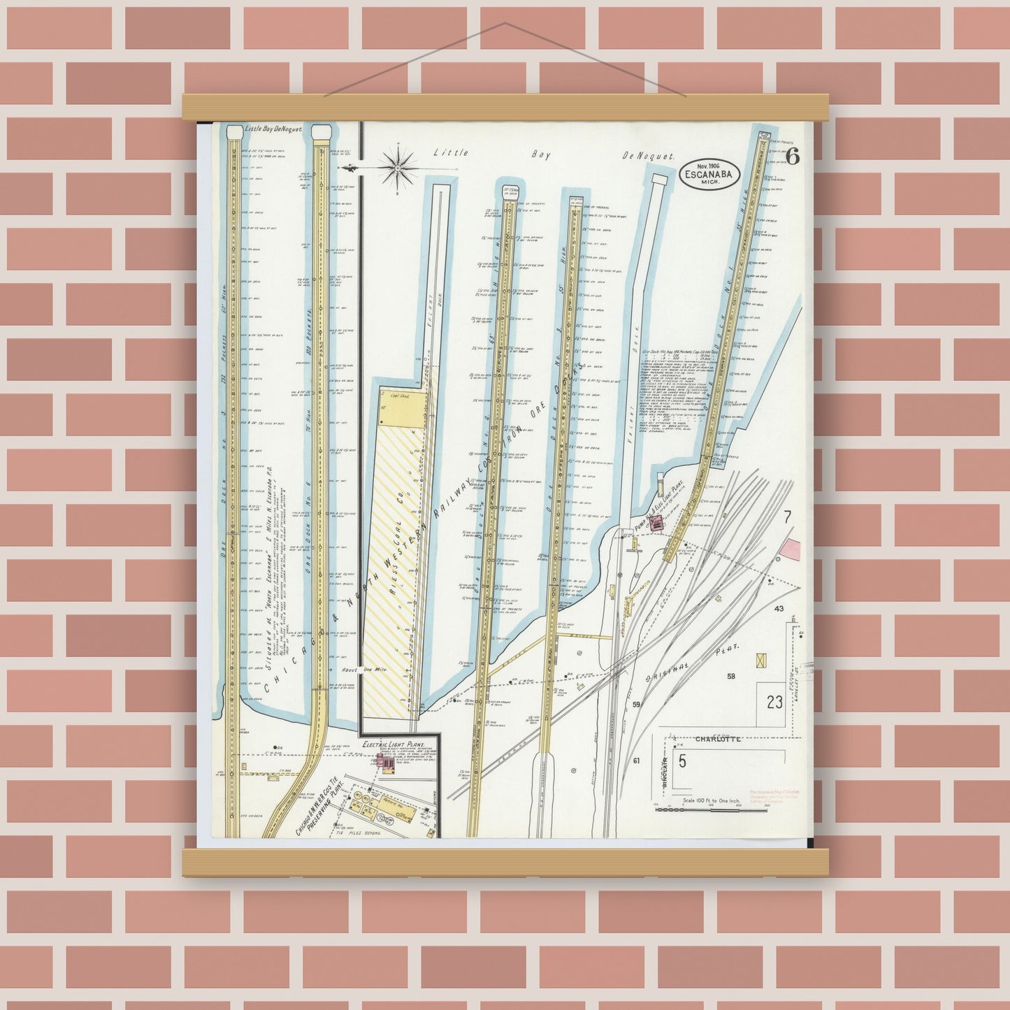 Old map wall art mockup — magnetic wood frame on brick wall — Sanborn Fire Insurance Map from Escanaba, Delta County, Michigan (1906), Sheet #0006