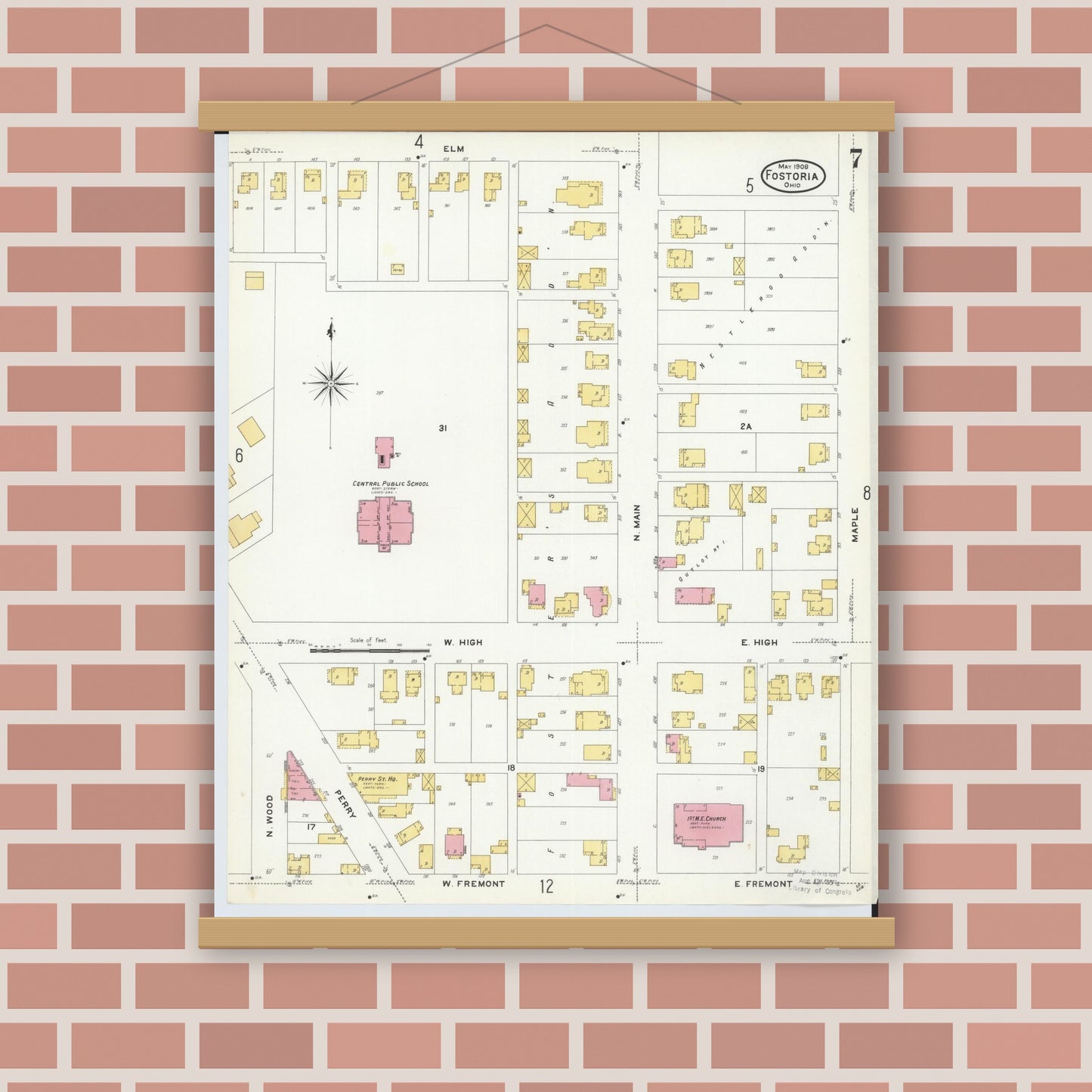 Old map wall art mockup — magnetic wood frame on brick wall — Sanborn Fire Insurance Map from Fostoria, Seneca, Hancock, And Wood Counties, Ohio (1908), Sheet #0007