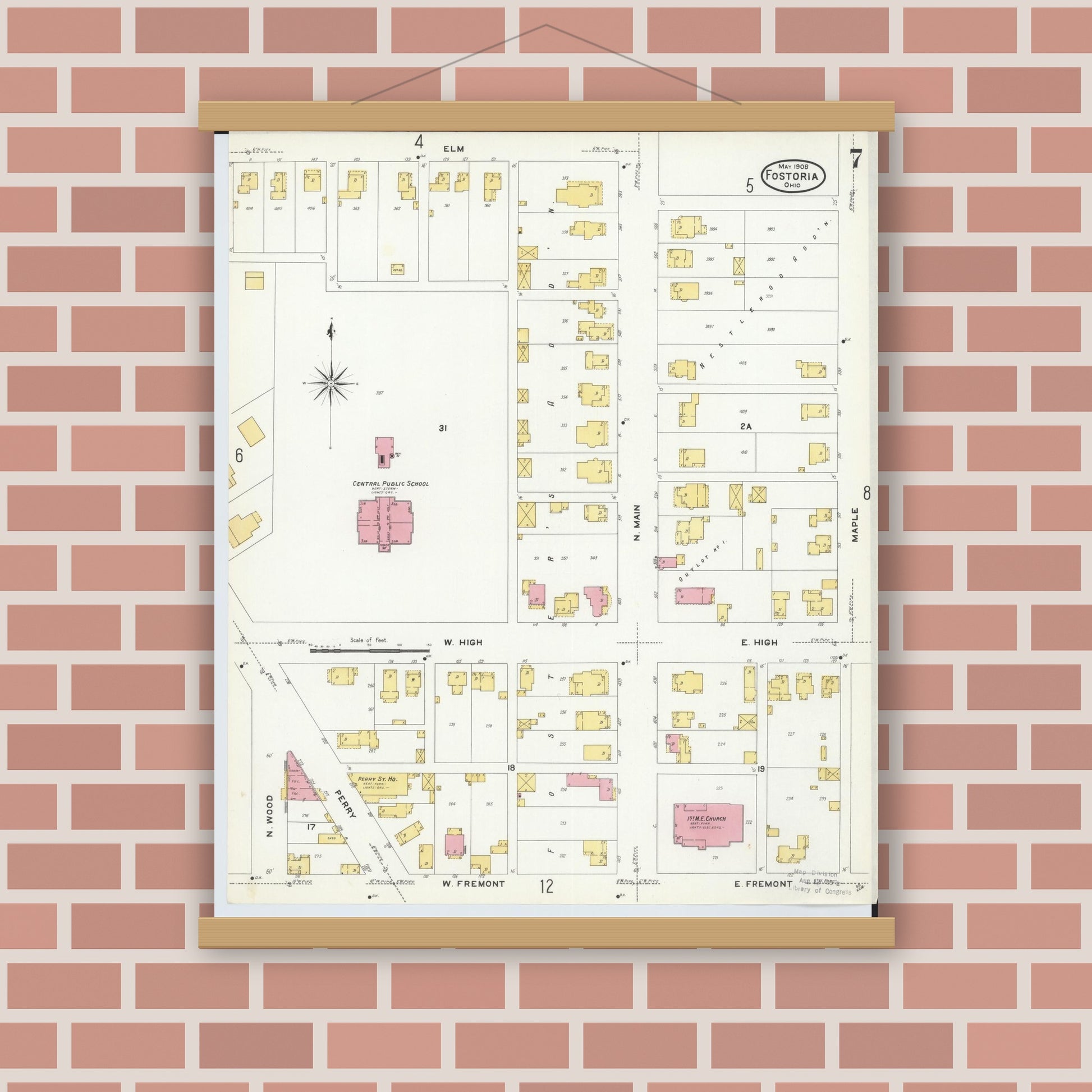 Old map wall art mockup — magnetic wood frame on brick wall — Sanborn Fire Insurance Map from Fostoria, Seneca, Hancock, And Wood Counties, Ohio (1908), Sheet #0007