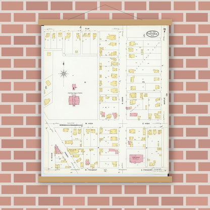 Old map wall art mockup — magnetic wood frame on brick wall — Sanborn Fire Insurance Map from Fostoria, Seneca, Hancock, And Wood Counties, Ohio (1908), Sheet #0007