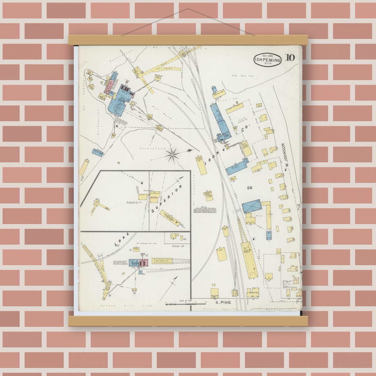 Old map wall art mockup — magnetic wood frame on brick wall — Sanborn Fire Insurance Map from Ishpeming, Marquette County, Michigan (1892), Sheet #0010