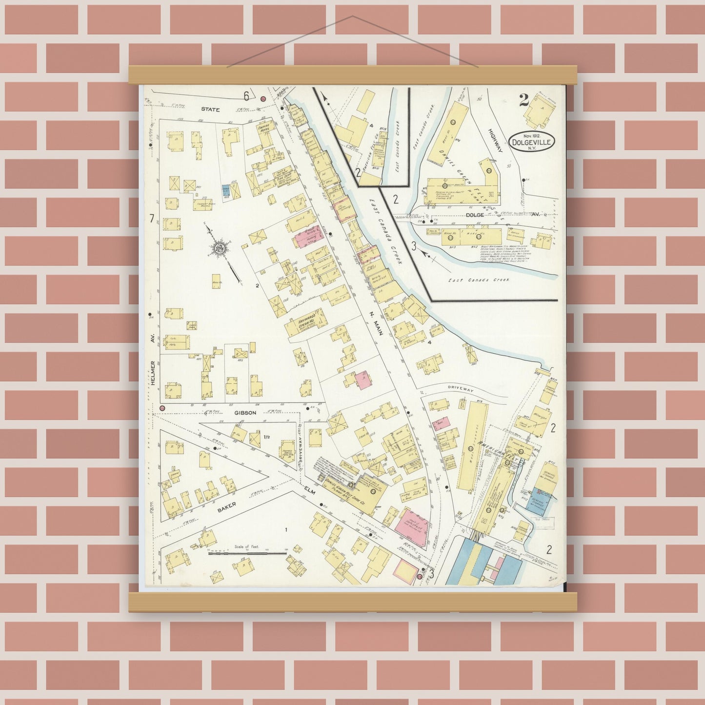 Old map wall art mockup — magnetic wood frame on brick wall — Sanborn Fire Insurance Map from Dolgeville, Hirkimer County, New York (1912), Sheet #0002