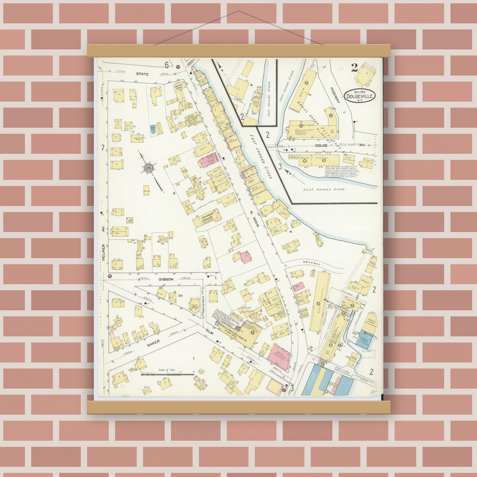 Old map wall art mockup — magnetic wood frame on brick wall — Sanborn Fire Insurance Map from Dolgeville, Hirkimer County, New York (1912), Sheet #0002