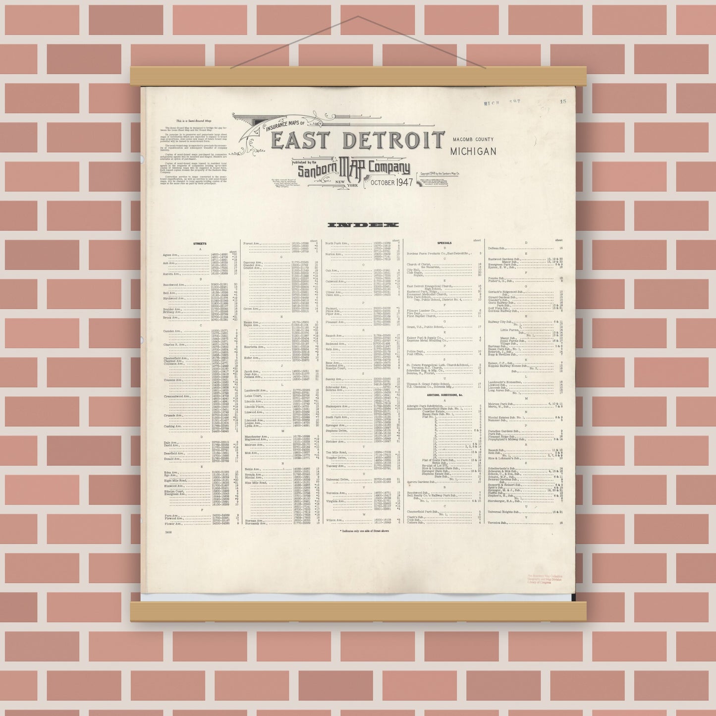 Old map wall art mockup — magnetic wood frame on brick wall — Sanborn Fire Insurance Map from East Detroit, Macomb County, Michigan (1950), Sheet #0001