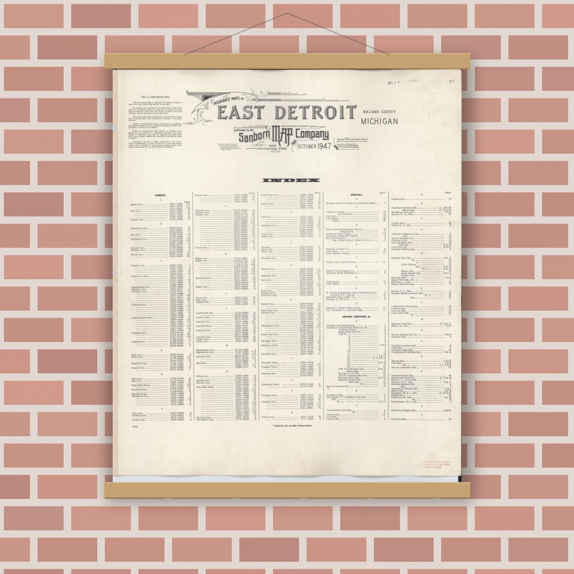 Old map wall art mockup — magnetic wood frame on brick wall — Sanborn Fire Insurance Map from East Detroit, Macomb County, Michigan (1950), Sheet #0001