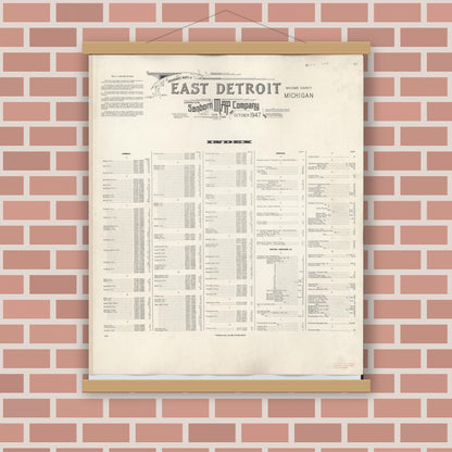 Old map wall art mockup — magnetic wood frame on brick wall — Sanborn Fire Insurance Map from East Detroit, Macomb County, Michigan (1950), Sheet #0001