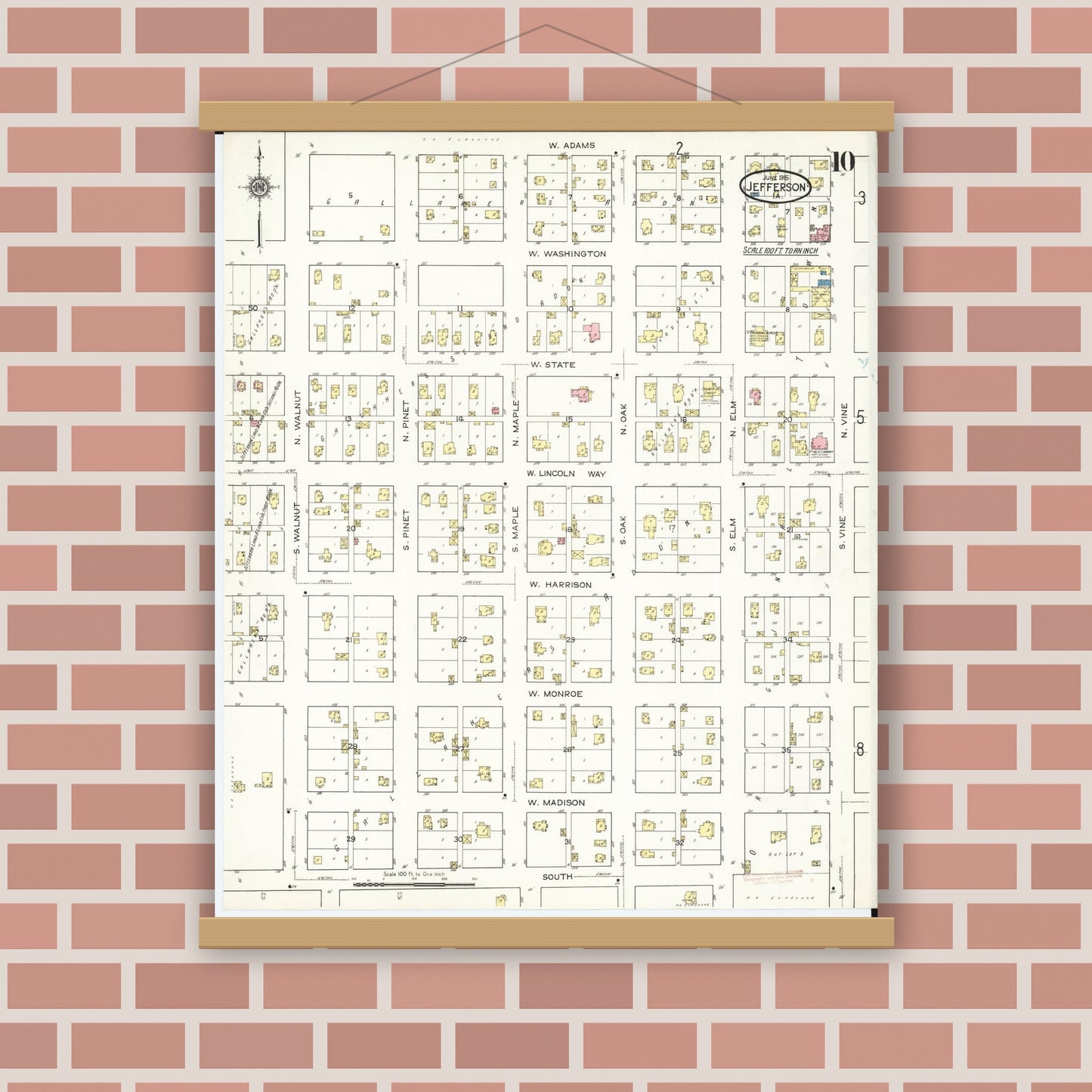 Old map wall art mockup — magnetic wood frame on brick wall — Sanborn Fire Insurance Map from Jefferson, Greene County, Iowa (1915), Sheet #0010