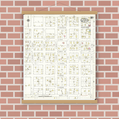 Old map wall art mockup — magnetic wood frame on brick wall — Sanborn Fire Insurance Map from Jefferson, Greene County, Iowa (1915), Sheet #0010