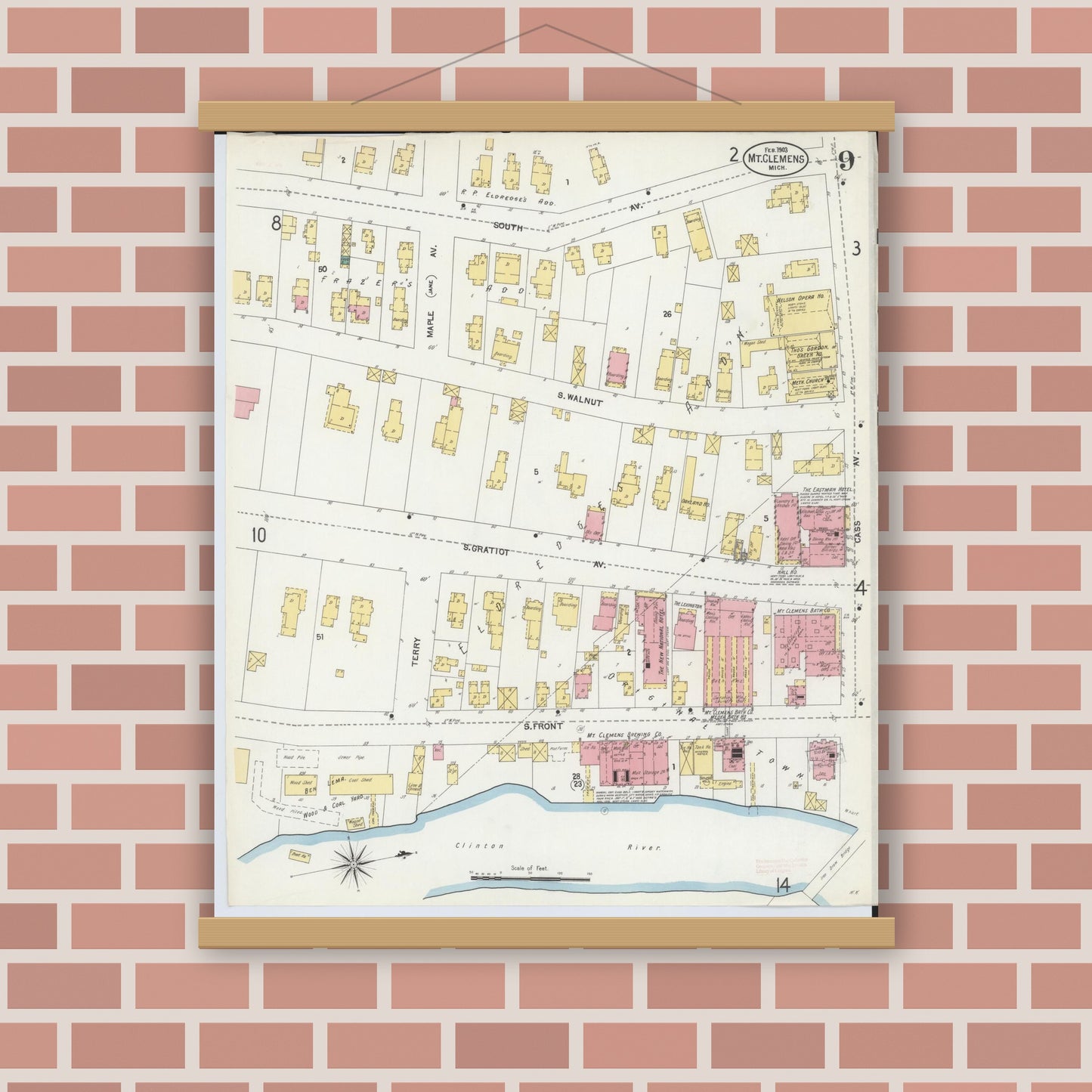 Old map wall art mockup — magnetic wood frame on brick wall — Sanborn Fire Insurance Map from Mount Clemens, Macomb County, Michigan (1903), Sheet #0009