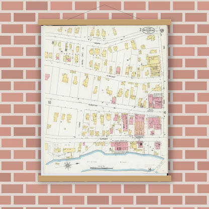 Old map wall art mockup — magnetic wood frame on brick wall — Sanborn Fire Insurance Map from Mount Clemens, Macomb County, Michigan (1903), Sheet #0009