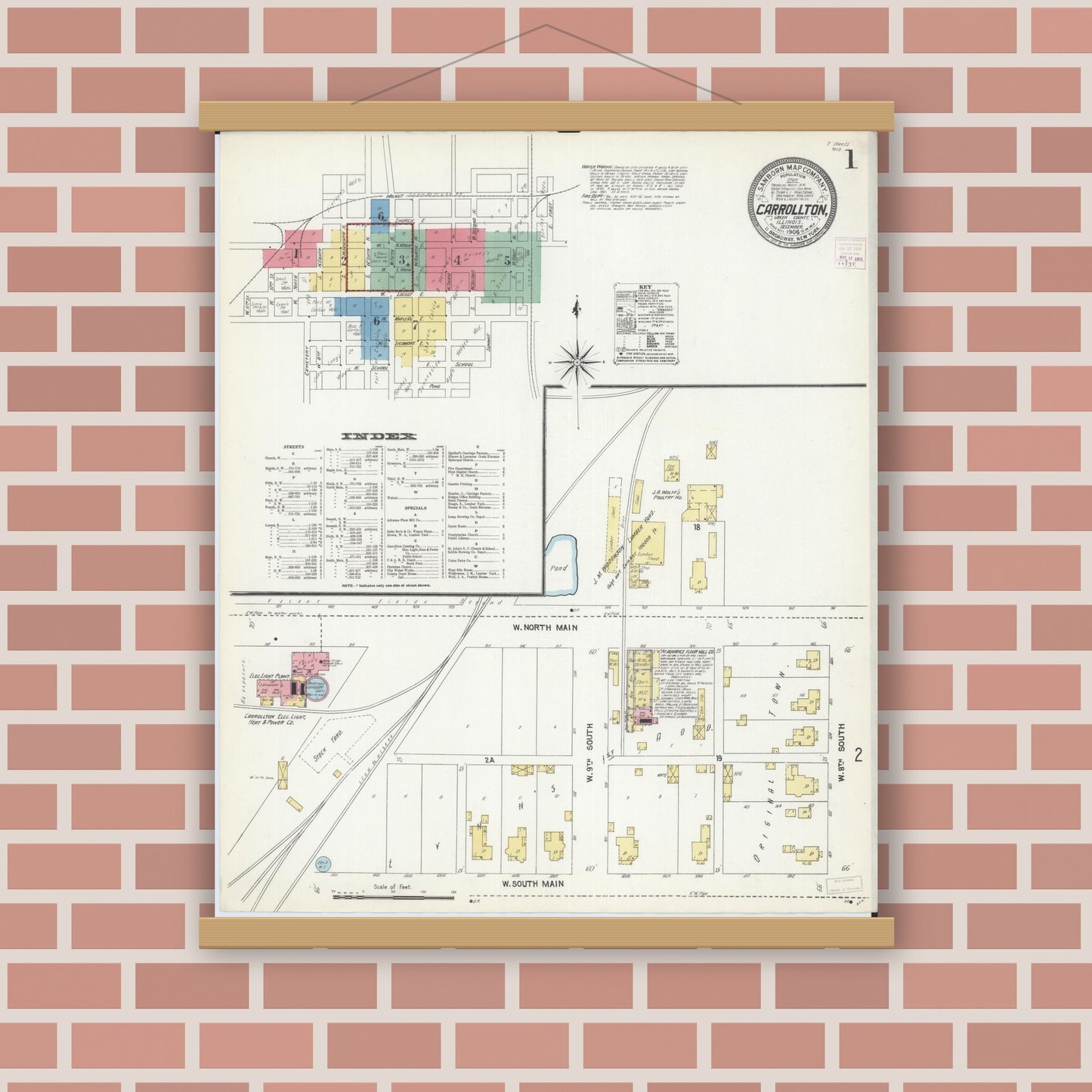 Old map wall art mockup — magnetic wood frame on brick wall — Sanborn Fire Insurance Map from Carrollton, Greene County, Illinois (1906) - Complete Map Set
