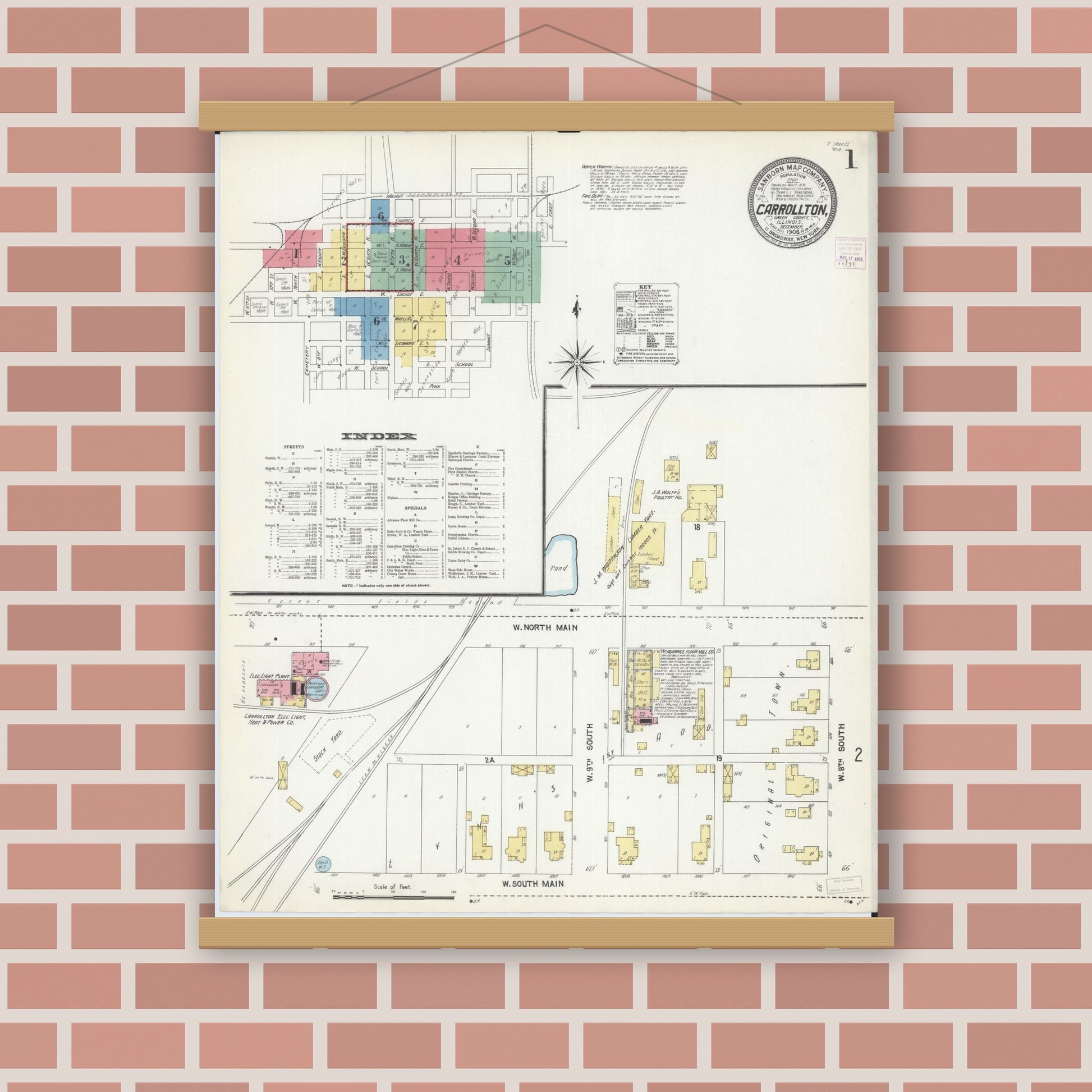 Old map wall art mockup — magnetic wood frame on brick wall — Sanborn Fire Insurance Map from Carrollton, Greene County, Illinois (1906) - Complete Map Set