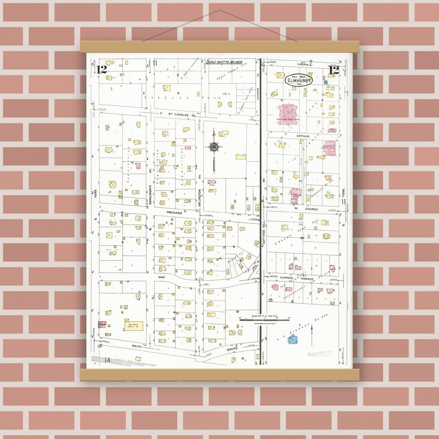 Old map wall art mockup — magnetic wood frame on brick wall — Sanborn Fire Insurance Map from Elmhurst, Du Page County, Illinois (1924), Sheet #0012