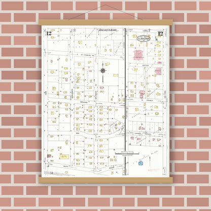 Old map wall art mockup — magnetic wood frame on brick wall — Sanborn Fire Insurance Map from Elmhurst, Du Page County, Illinois (1924), Sheet #0012