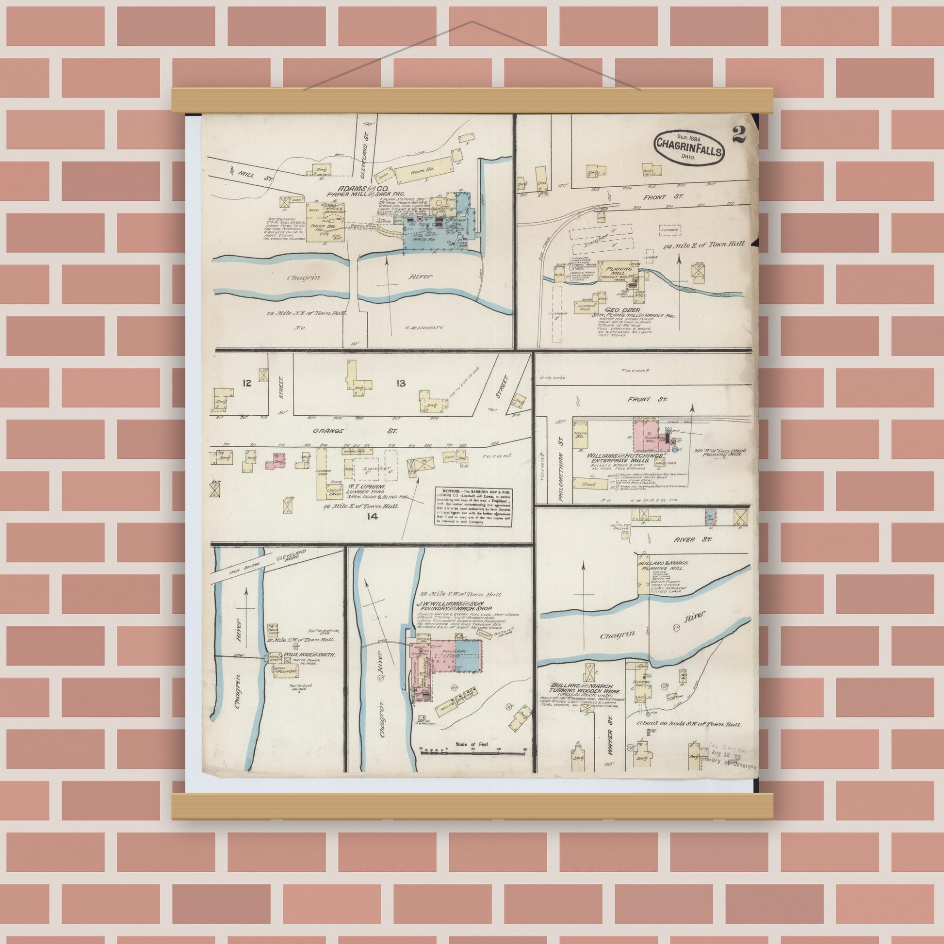 Old map wall art mockup — magnetic wood frame on brick wall — Sanborn Fire Insurance Map from Chagrin Falls, Cuyahoga County, Ohio (1884), Sheet #0002