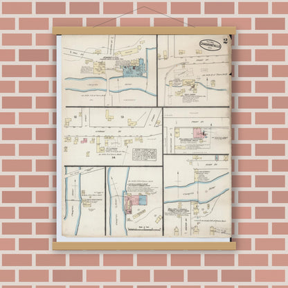 Old map wall art mockup — magnetic wood frame on brick wall — Sanborn Fire Insurance Map from Chagrin Falls, Cuyahoga County, Ohio (1884), Sheet #0002