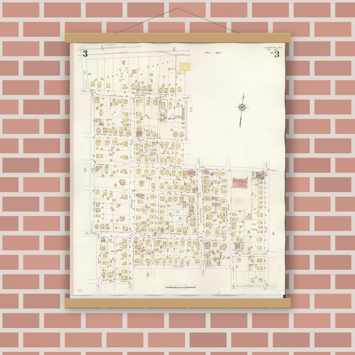 Old map wall art mockup — magnetic wood frame on brick wall — Sanborn Fire Insurance Map from Commerce, Hunt County, Texas (1940), Sheet #0003