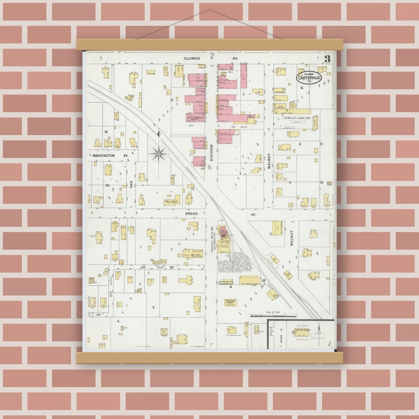 Old map wall art mockup — magnetic wood frame on brick wall — Sanborn Fire Insurance Map from Carterville, Williamson County, Illinois (1899), Sheet #0003