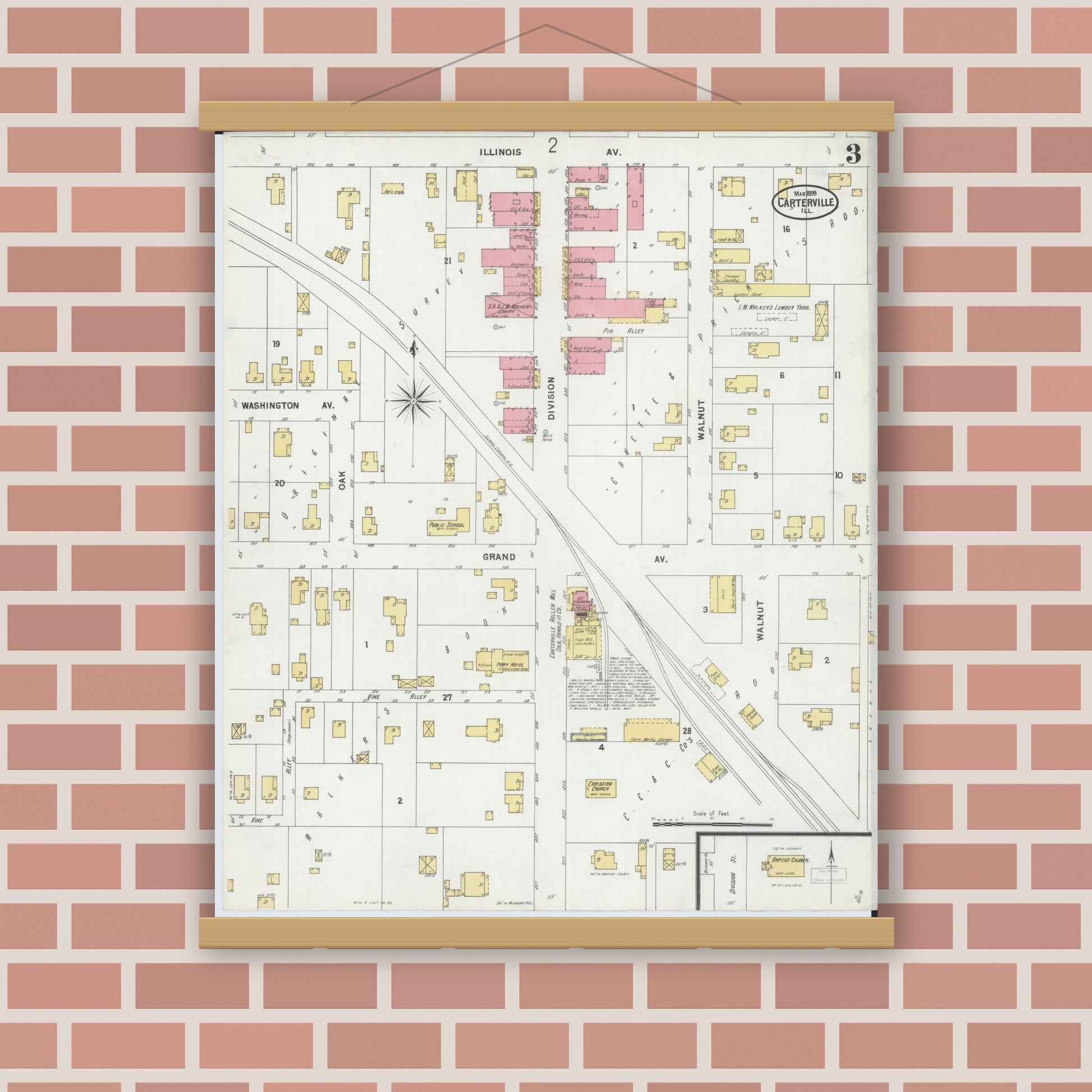 Old map wall art mockup — magnetic wood frame on brick wall — Sanborn Fire Insurance Map from Carterville, Williamson County, Illinois (1899), Sheet #0003