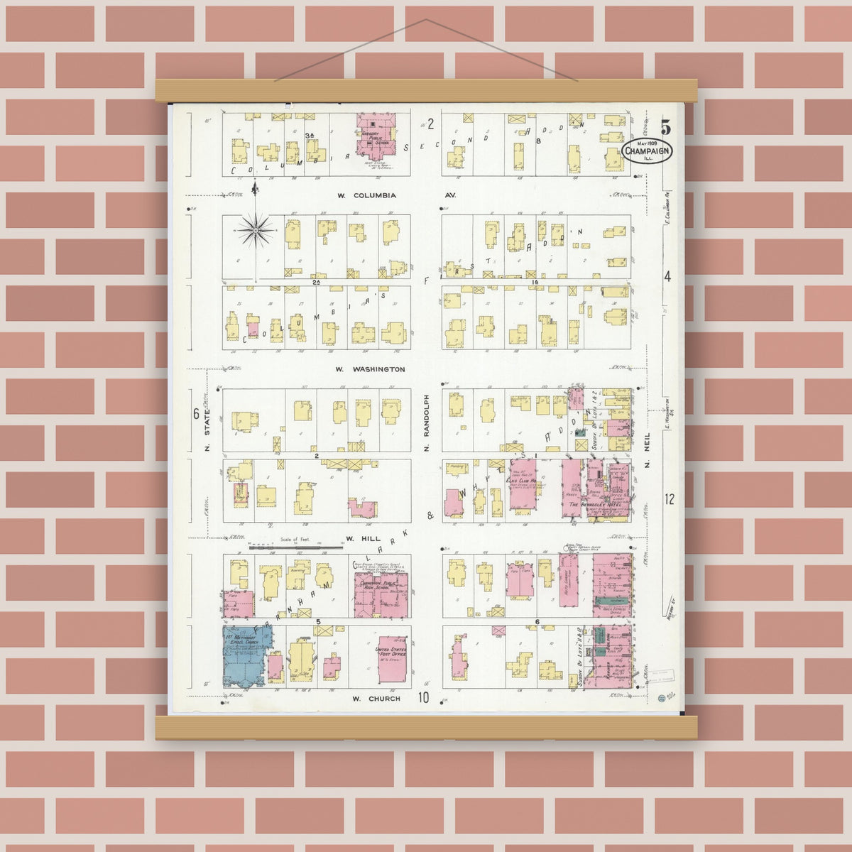 Old map wall art mockup — magnetic wood frame on brick wall — Sanborn Fire Insurance Map from Champaign, Champaign County, Illinois (1909), Sheet #0005
