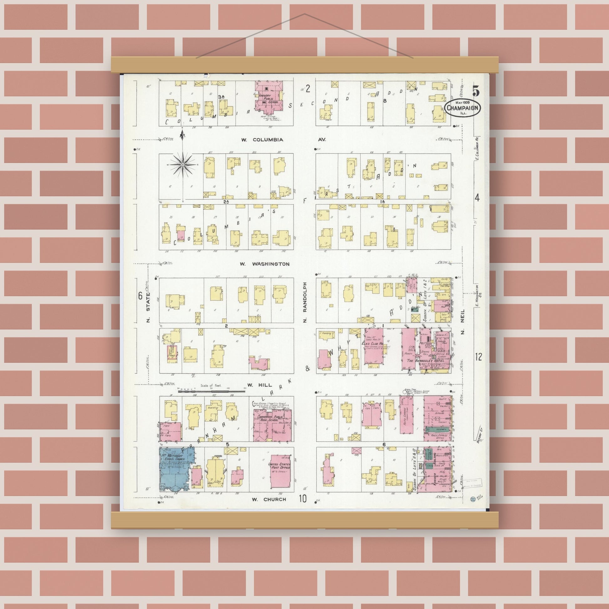 Old map wall art mockup — magnetic wood frame on brick wall — Sanborn Fire Insurance Map from Champaign, Champaign County, Illinois (1909), Sheet #0005